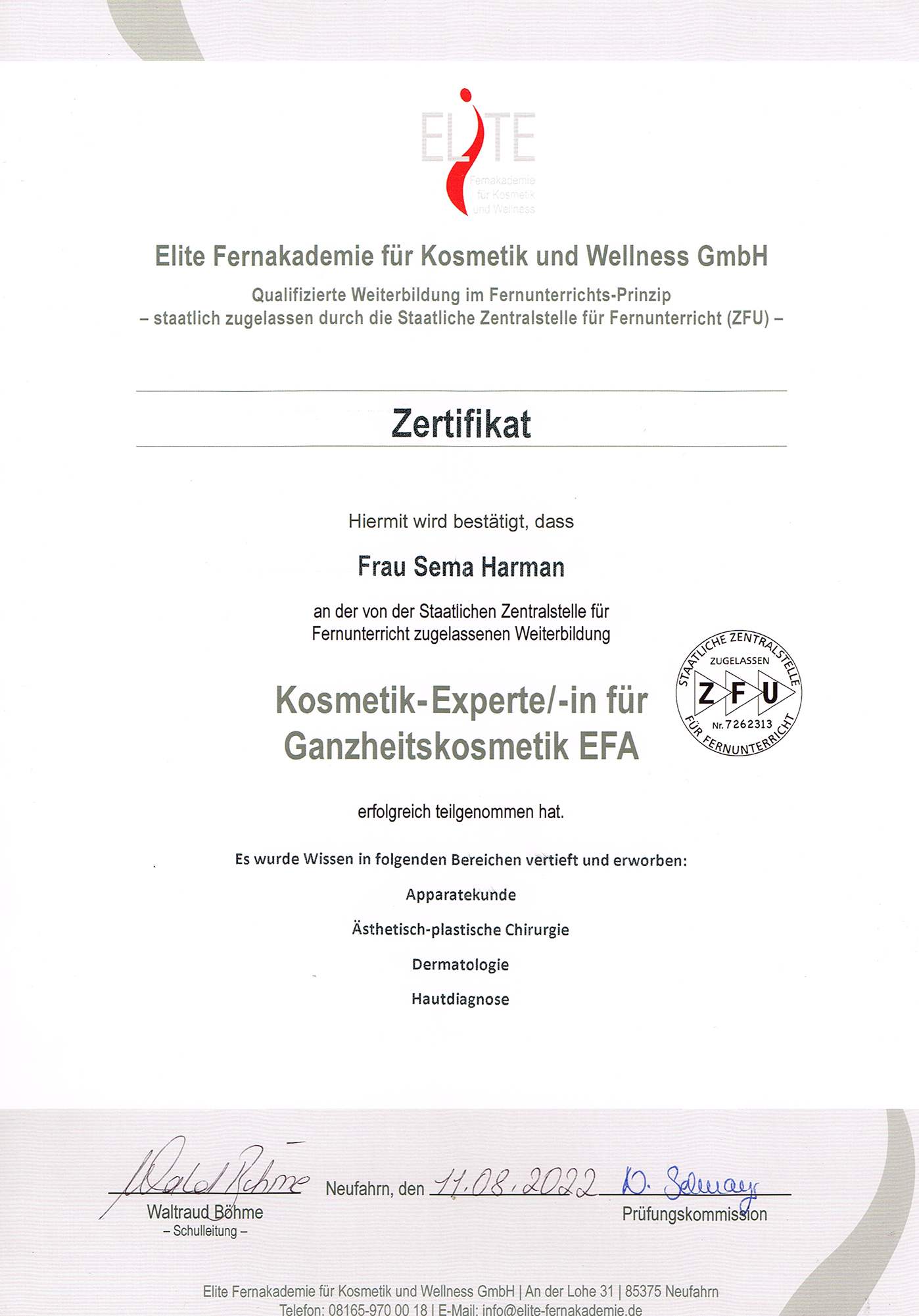 Staatlich zugelassene Kosmetik-Expertin für Ganzheitskosmetik Zertifikat: Staatlich zugelassene Kosmetik-Expertin für Ganzheitskosmetik