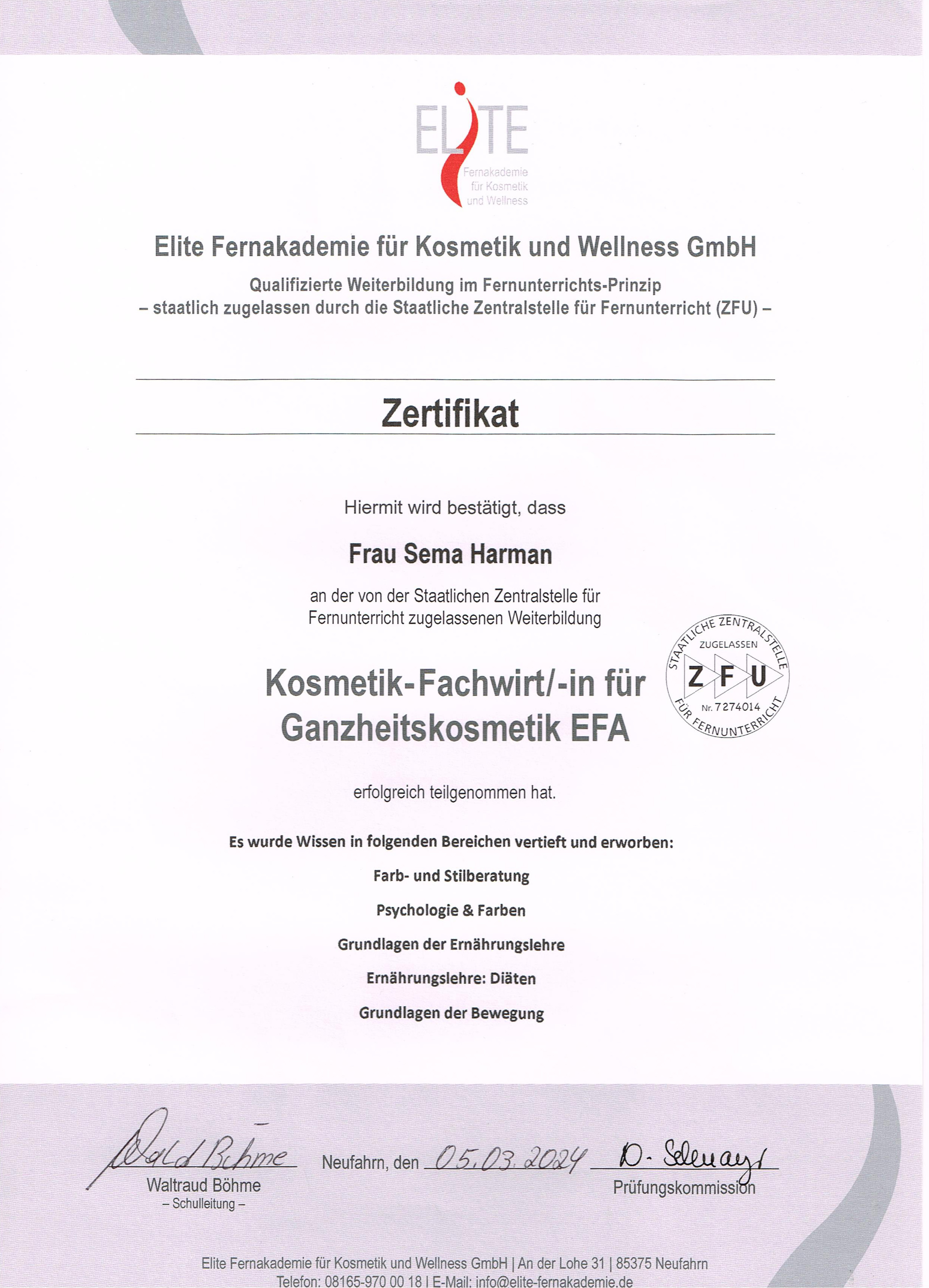 Staatlich zugelassene Kosmetik-Fachwirtin für Ganzheitskosmetik Zertifikat: Staatlich zugelassene Kosmetik-Fachwirtin für Ganzheitskosmetik